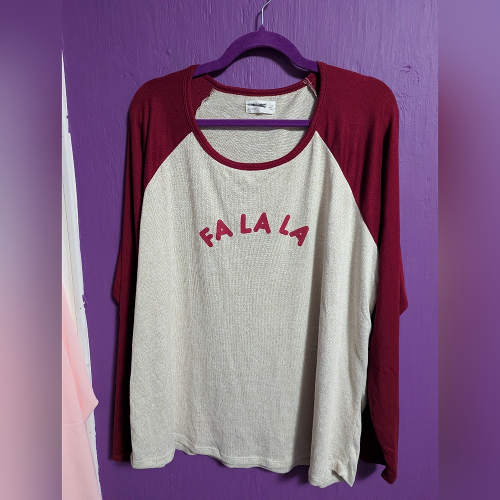 Maurices Sleep Heathered Tan Red FA LA LA Soft Long Sleeve Graphic Top XXL